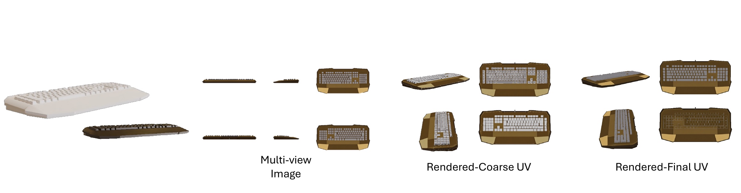 Keyboard example: reference image, coarse UV with a white underside, and the final texture with a dark metallic underside.